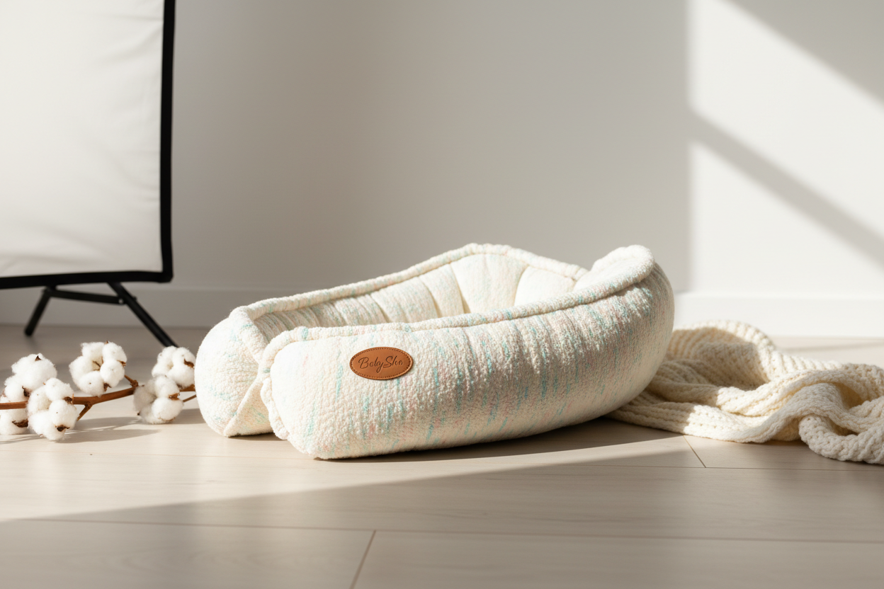 Génère moi une image digne d'un photo shooting d'un cocon pour bébé en y intégrant notre marque