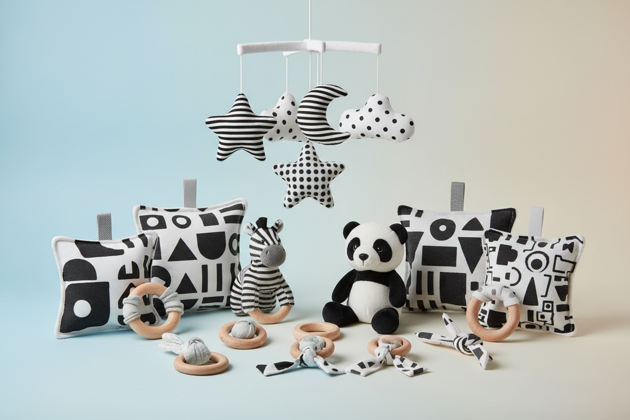 Génère moi une image résumant une catégorie de jouets pour les bébés de 0 - 3 mois 