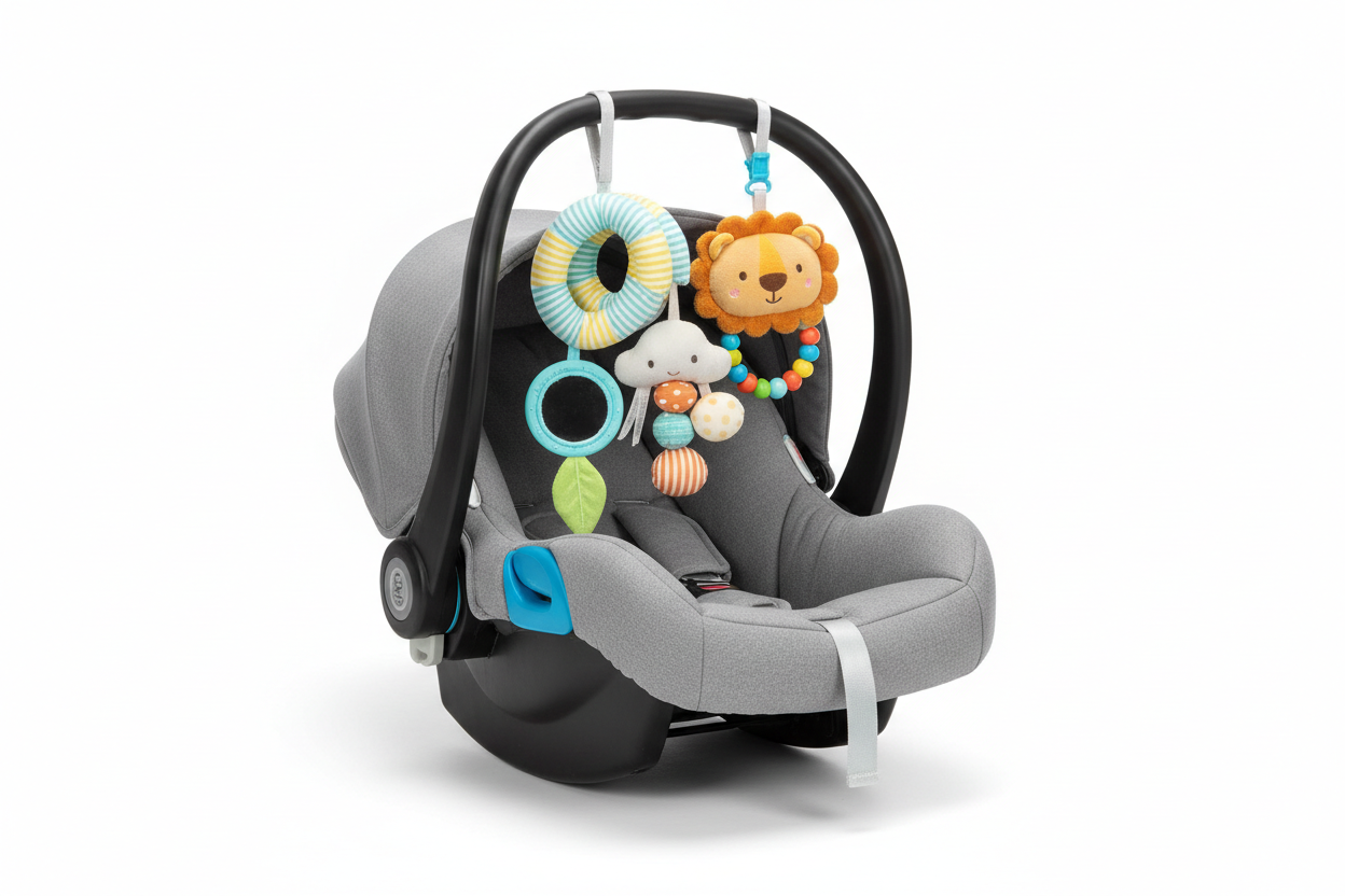 Génère moi une photo digne d'un photo shooting de jouets pour bébé dans un contexte de transport en voiture et qui s'accroche au cosy